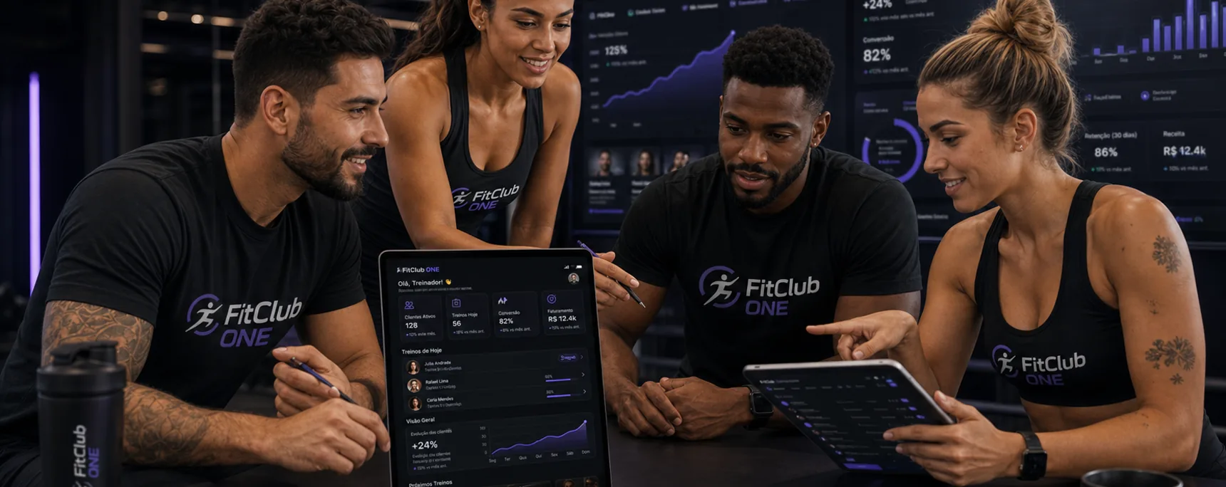 Coaches analisando o hub FitClub juntos
